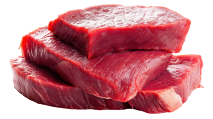 Fresh raw beef steaks stacked on a white background.