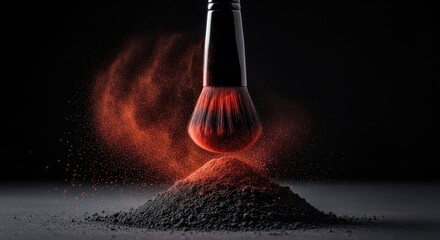 Close up view of a makeup brush over a pile of powder with orange dust around