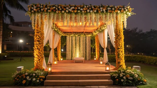 Outdoor wedding mandap with flowers and lanterns at dusk setting