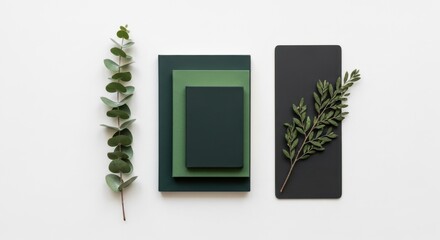 Arrangement of foliage and stacked rectangles on a plain white background