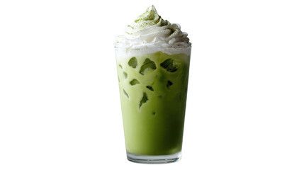 Iced matcha latte with whipped cream, on a white isolated background.