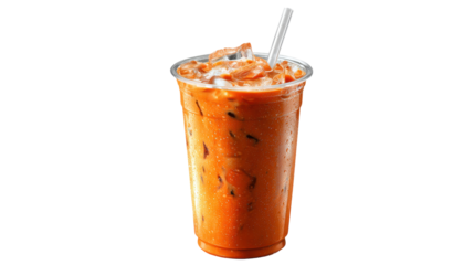 Iced Thai tea in a transparent cup with ice and a straw on a white background.