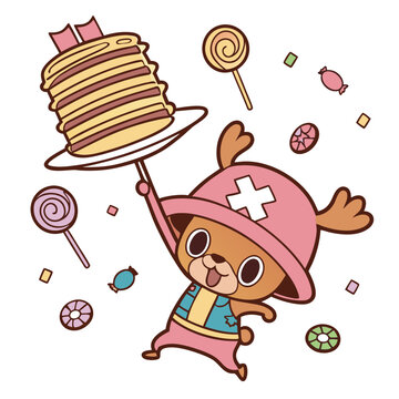 Cute Excited Tony Tony Chopper, accessorized with balancing a stack of pancakes, in a Birthday world &ndash; Candy Shop palette vector