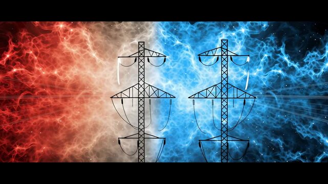 Dynamic Futuristic Scene Power Lines with Glowing Red and Blue Energy in Cosmic Space, Evoking Technology and Power