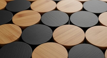 Arrangement of circular wooden objects in alternating tones and textures
