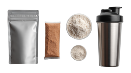 Protein powder and shaker on white isolated background.