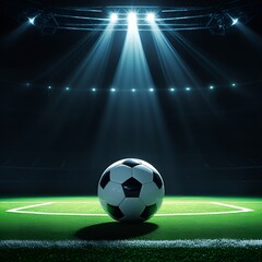 Minimalist composition of a closeup soccer ball on a green turf field under dramatic stadium lighting, dark background with spotlight background copy space mockup