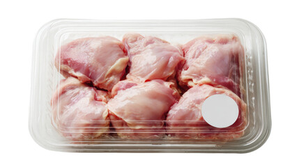 Raw chicken thighs packed in a clear plastic container on a white background.