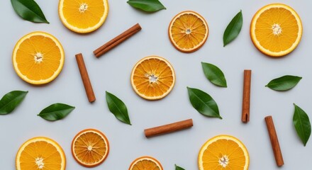 Flat lay of orange slices, cinnamon sticks and green leaves on a light backdrop