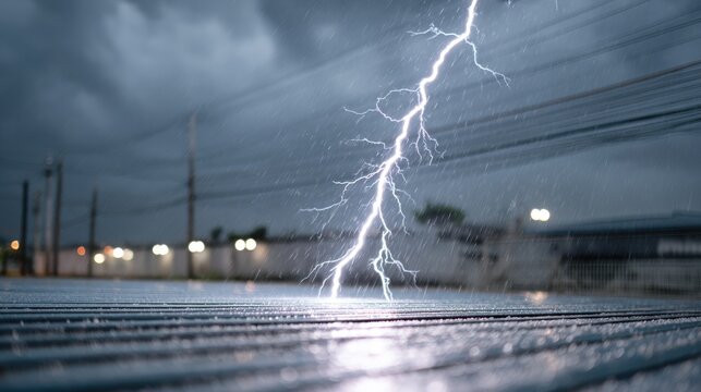 Lightning strike hits a wet surface during a thunderstorm, rain falling on a rooftop as lightning strikes.
