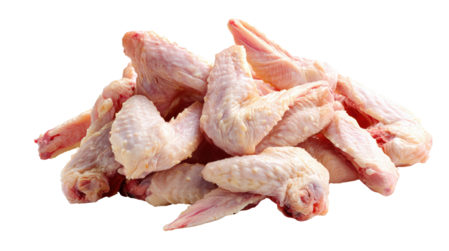 Raw chicken wings on a white isolate background, ideal for culinary designs and food-related projects.