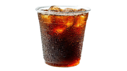 Refreshing soda with ice in a clear cup against a white background.