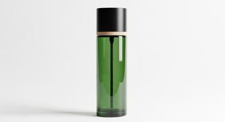 A solitary green bottle with dark cap standing on a pristine white backdrop