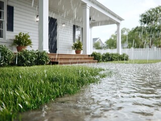Flooded lawn in front of a white house during heavy rainfall, water pooling on grass.