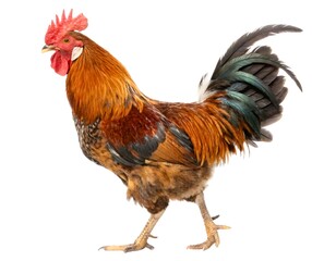 Fototapeta premium Isolated rooster with vibrant red comb and brown feathers standing on a white background