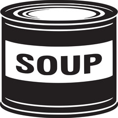 A black and white illustration of a soup can with the word soup written on the label in bold letters