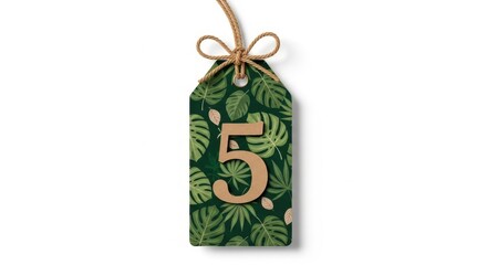 A tag with a leafy design and the digit five attached, tied with twine bow