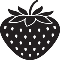 A black silhouette of a strawberry with seeds and leaves on a white background illustration vector
