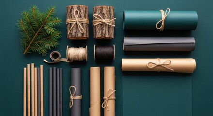 Arrangement of rolls, wood, twine, and fir branch on a teal plain backdrop