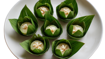 Traditional desserts wrapped in green leaves arranged on a white plate.