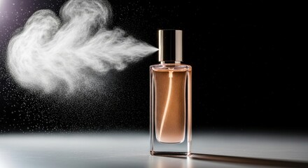 Elegant aroma escaping from a glass bottle on a neutral tone background stage