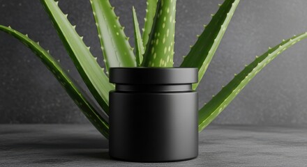 A container with aloe vera plant behind it against a muted grey backdrop