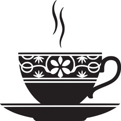 Ornate teacup with steam rising on a saucer in black and white graphic illustration style image