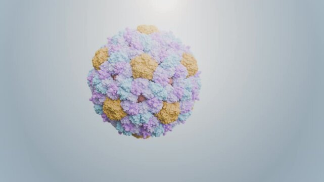 PhiX174 bacteriophage model. Molecular structure of a virus that infects E. coli, showing capsid proteins and spike geometry in high detail.

