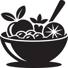 A black and white graphic of a bowl filled with fruit and a spoon on a white background design art
