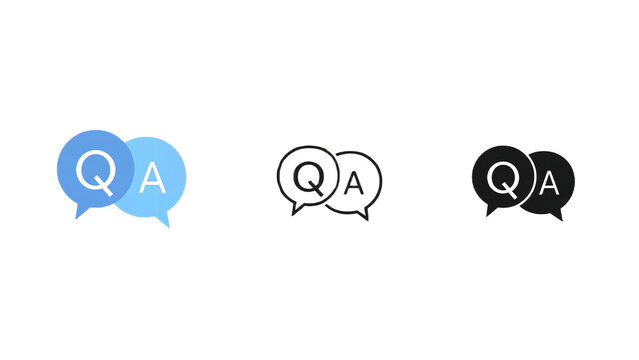 Three distinct Q&A icons in blue, outline, and black, for versatile communication representation