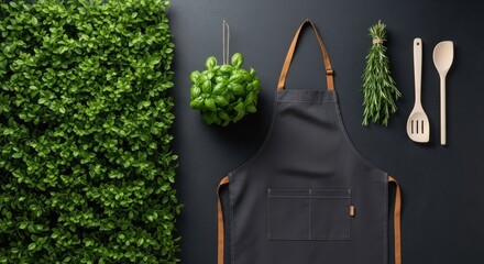 A kitchen setting with apron, herbs, and wooden utensils against a wall area