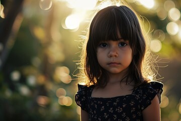 Portrait of a beautiful little girl in the park at sunset.
