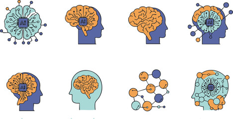 set of vector icons of people brain ai 