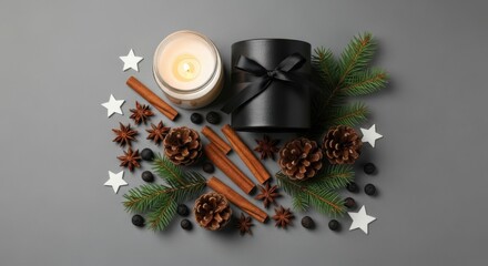 Arrangement of candle, gift, pinecones, and spices on a gray background view