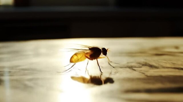 Fruit Fly Close-Up: Detailed View of Insect on Reflective Surface in Golden Light