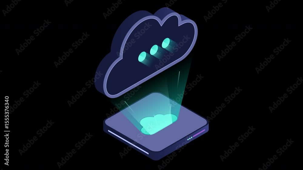 Poster isometric cloud database animation. cloud computing and file cloud storage. modern technology. motio