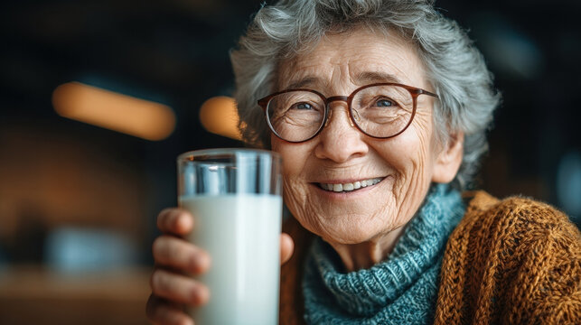 Elderly woman smiling warmly while holding a glass filled with yogurt and oatmeal, wearing glasses and cozy sweater indoors - Powered by Adobe