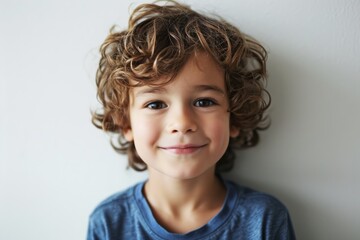 Portrait of a little boy with curly hair smiling at the camera