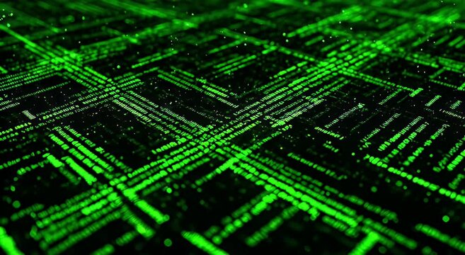 Abstract Digital Green Grid Network Animation Over Black Background