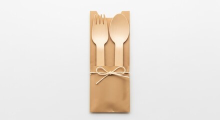 Wooden fork and spoon in a brown paper bag tied with twine on a plain backdrop