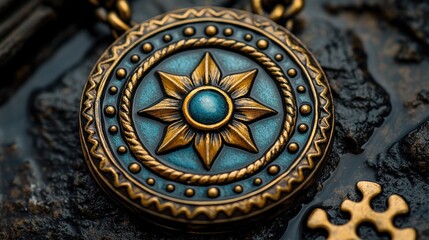 Obraz premium Close-up of ornate bronze and teal pendant necklace on dark background.