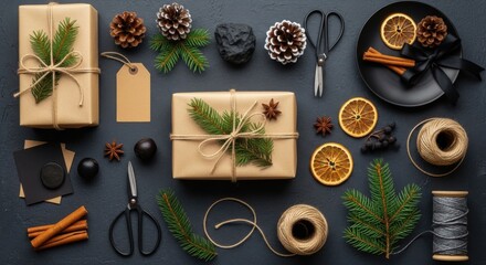 Flat lay arrangement of gifts and christmas decoration on a dark backdrop