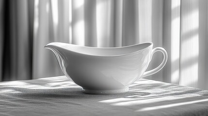 Empty white porcelain sauce boat on linen tablecloth in sunlit room.