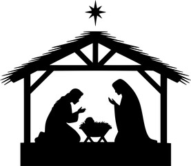 Minimalist Nativity Scene Vector – Luke 2:11 Inspired silhouette Art of Mary, Joseph, Baby Jesus and  Star of Bethlehem – Simple Christmas Faith Illustration