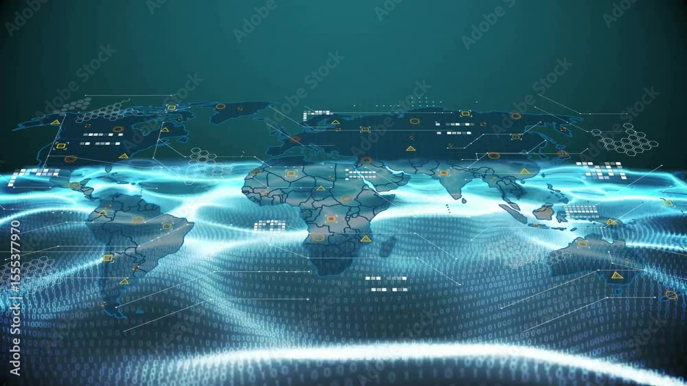 Poster binary wave field undulating then raising holographic world map showing pulsing data network
