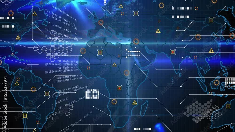 Poster glowing beam initiating map outlines loading continents, fading code and spawning analytics charts