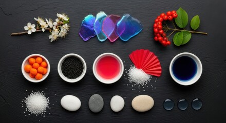 Arrangement of bowls, stones, flora, and translucent shapes on a dark area