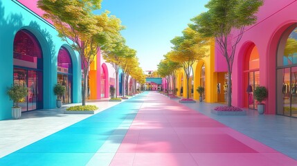 Fototapeta premium Colorful shopping street with vibrant buildings, trees, and pink and blue pavement.