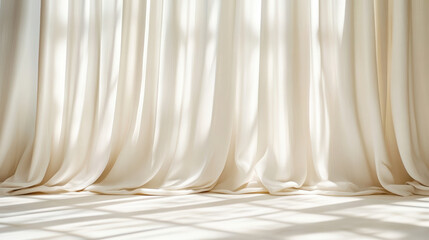 Soft golden light filters through flowing curtains, creating serene atmosphere