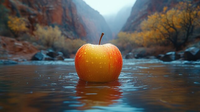 Red apple floating on calm river, autumnal canyon background.